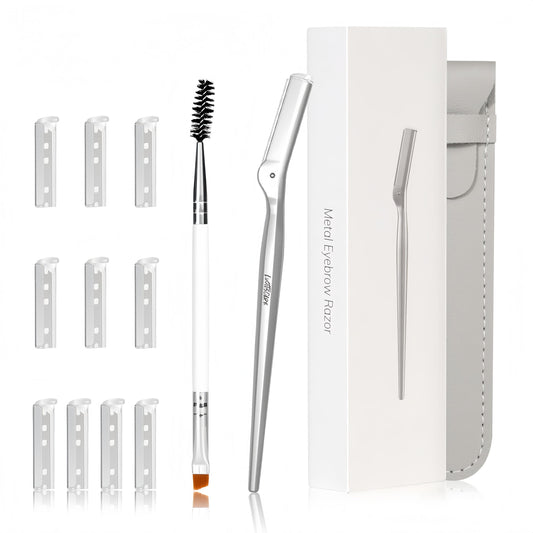 LuottsCare Stainless Steel Eyebrow Razor - Face Razors with Travel Cover & 10 Refill Blades, Eyebrow Brush - Help Exfoliate and Smooth Skin for Eyebrow, Leg, BIKINI, Facial, Beard Remove - L