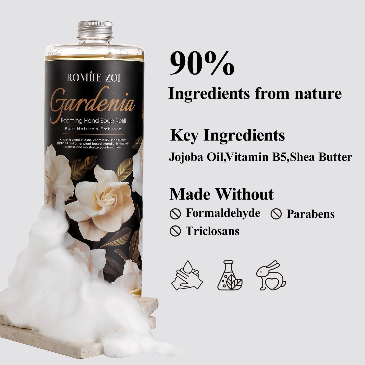 ROMIIE ZOI Hand Soap Refills Foaming, Gardenia Scent Natural Plant Moisturizing Foam Soap Refills with Dispenser 1 L/ 33.8 FL OZ(Pack of 3)
