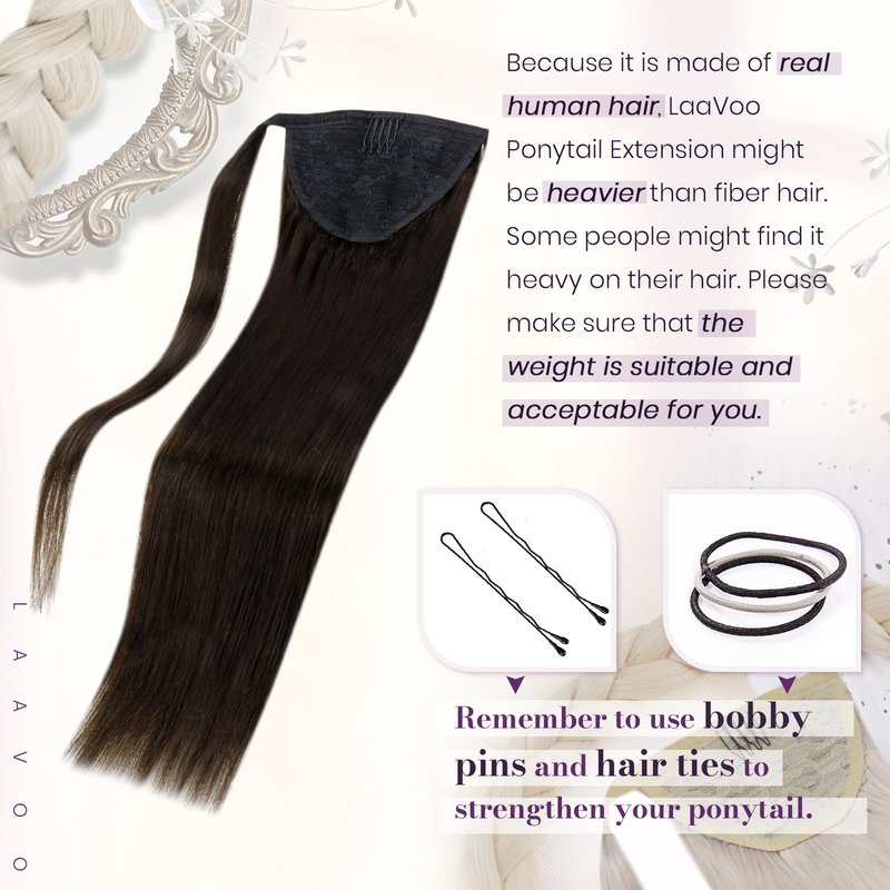 LaaVoo Ponytail Extension Human Hair Brown Ponytail Extensions for Women Darkest Brown Ponytail Hair Extension Real Human Hair Short Straight 12 Inch 75g