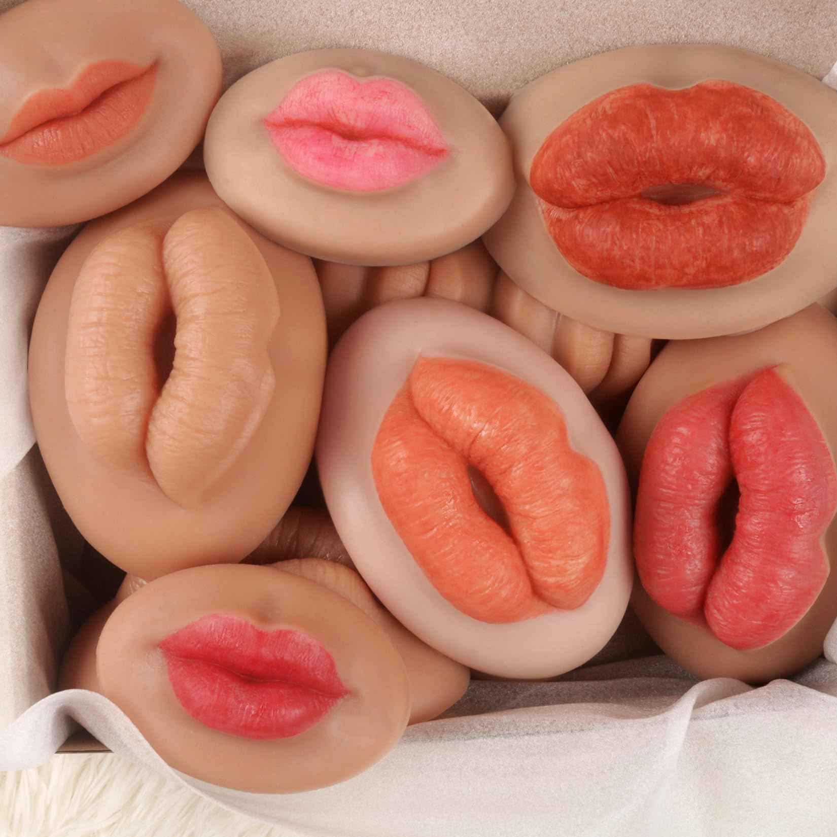 YEEFAIRY 3D Silicone Fake Lips Large with Lipstick for Makeup Tattoo Practice Realistic Artificial Lip Mannequin for Beginners Artists (Sausage Shaped Lip,Natural)