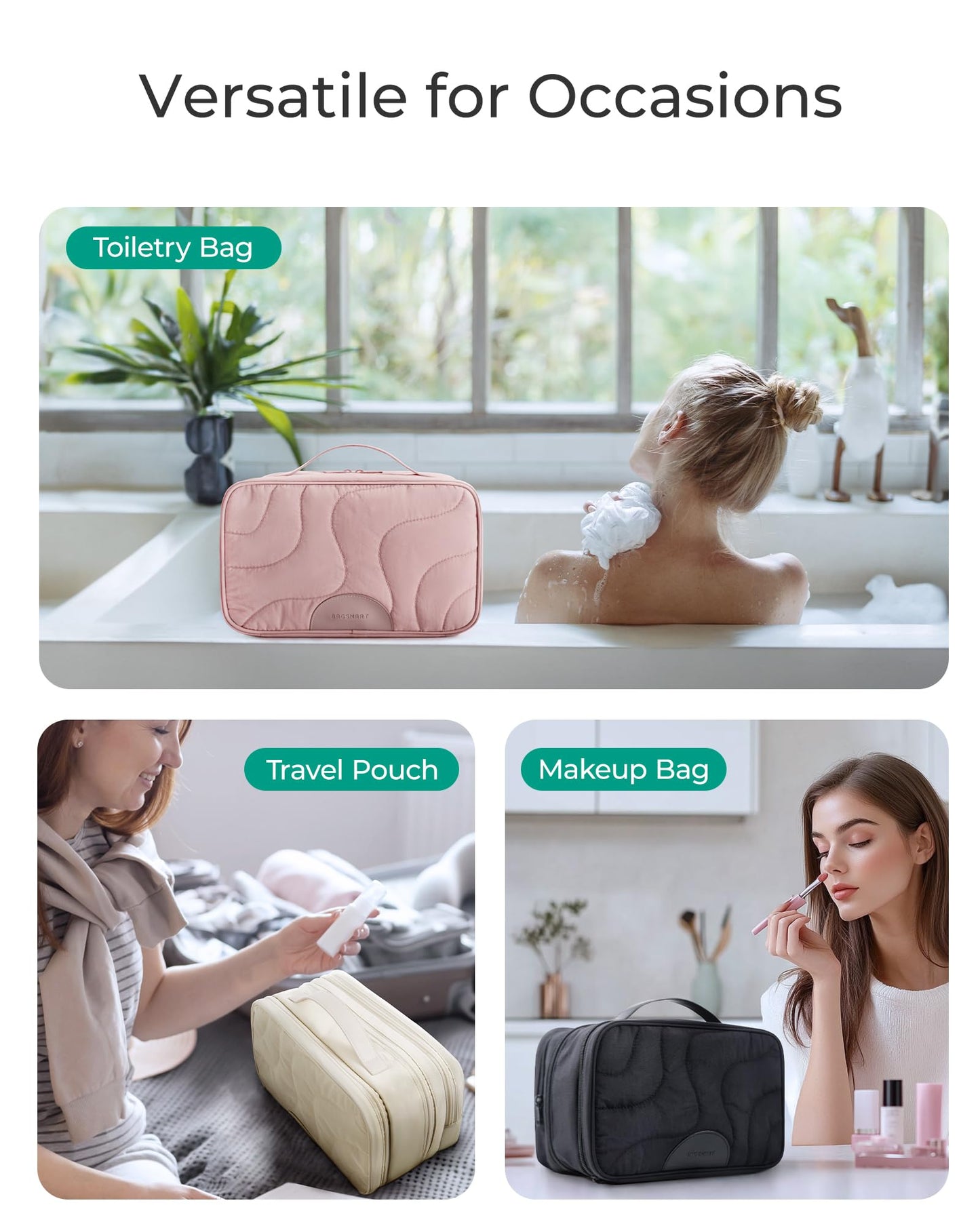 BAGSMART Travel Makeup Bag, Large Capacity Cosmetic Bags for Women, Toiletry Bag with Handle, Water-resistant Make Up Bag Travel Organizer for Accessories, Full-size Container, Toiletries, Pink