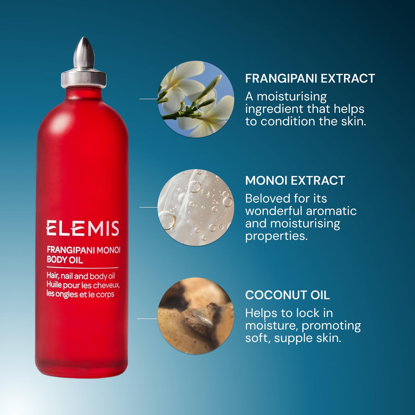ELEMIS Frangipani Monoi Body Oil 100ml, Luxurious Nourishing Oil for Soft, Hydrated Skin & Hair
