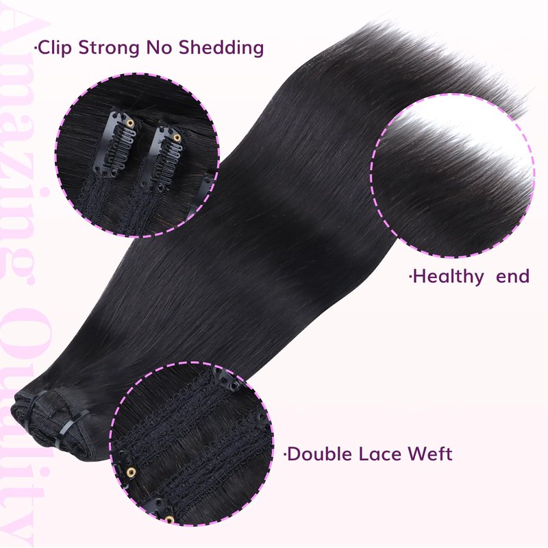 IDN BEAUTY Clip in Hair Extensions Real Human Hair Straight 120g Natural Black Double-layer Lace Clip In for Black Women Soft Breathable Lace Invisible Seamlessly Blending 7pcs 16 Inch