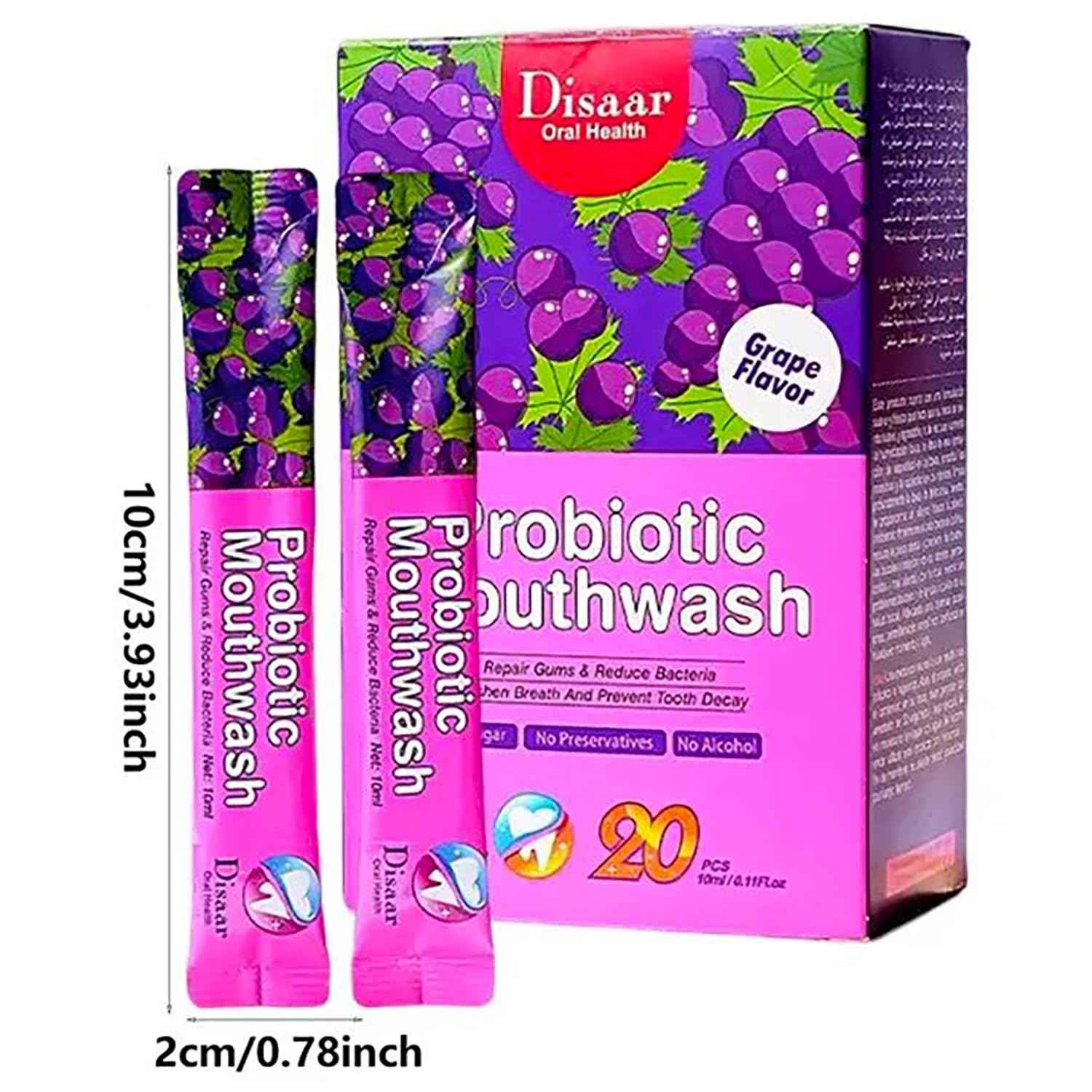 DISAAR BEAUTY Probiotic Mouthwash Removes Tooth Stains Soft Cool Mouth Feeling Protect Clean Deodorant Teeth 0.11fl.oz X 20pcs (Grape - Repair Gums & Fresh Breath & Prevent Decay)