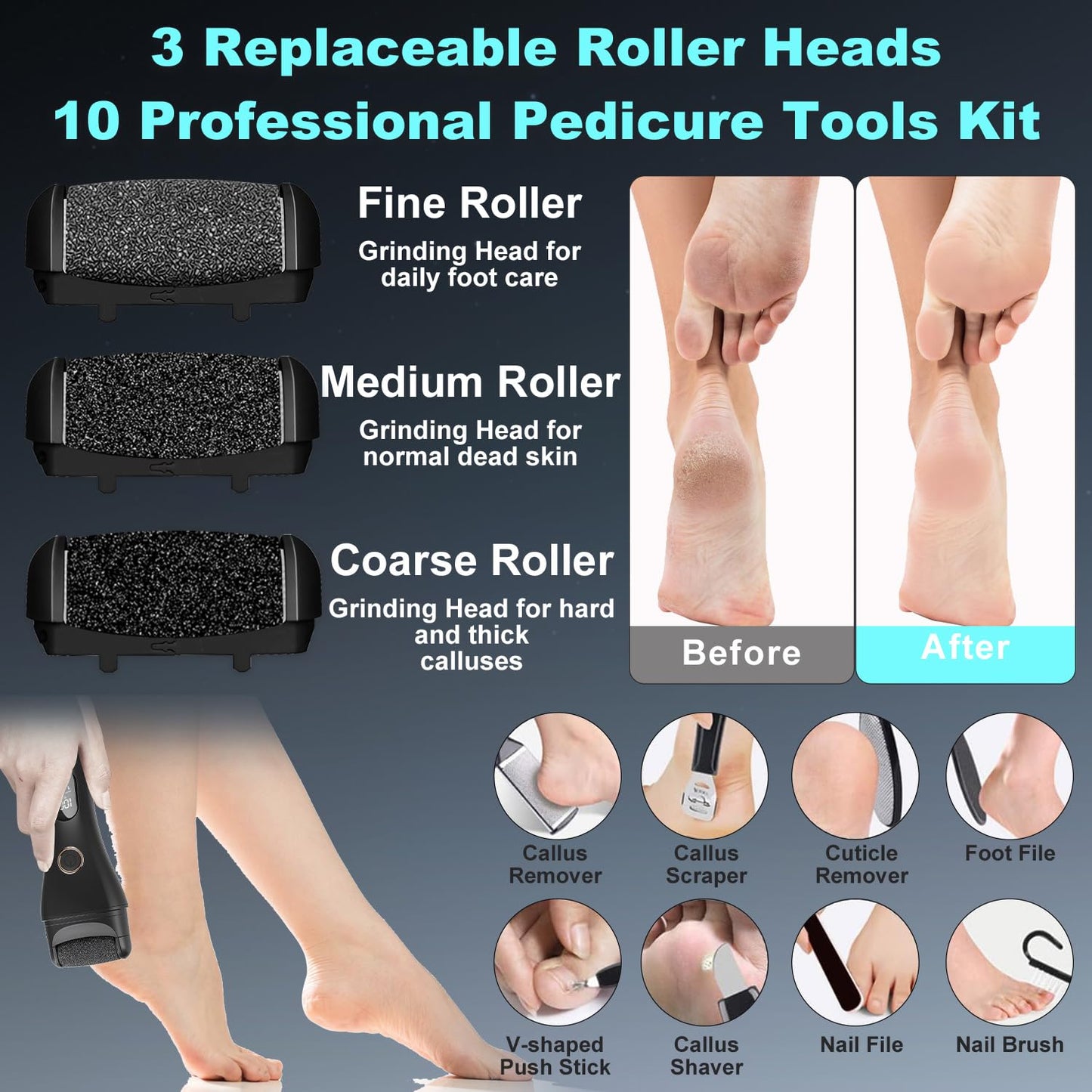 Callus Remover for Feet, 3 Speed Electric Foot Scrubber with Larger Grinder&LCD Display, Wet&Dry Using Foot File Professional Pedicure Tools, Foot SPA to Remove Callus Cracked&Hard Dead Skin (Black)