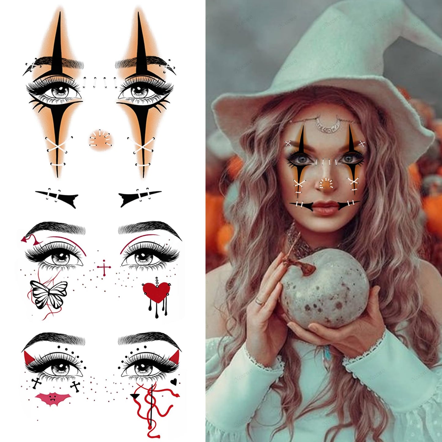 15 Pcs Horror Halloween Face Makeup Tattoos Stickers Clown Demon Spider Web Ghost Vampire Eyeshadow Temporary Stickers Scary Fake Blush Freckles Face Tattoos for Day of Dead Carnival Party Decoration