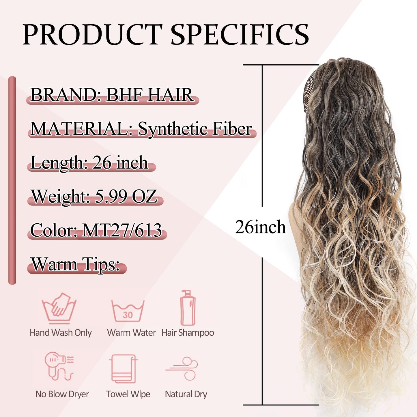 BHF HAIR Curly Drawstring Ponytail Extension 26 Inch Wavy Ponytail Clip in Curly Synthetic long Hair Extensions for Women(Brown to Blonde 6OZ)