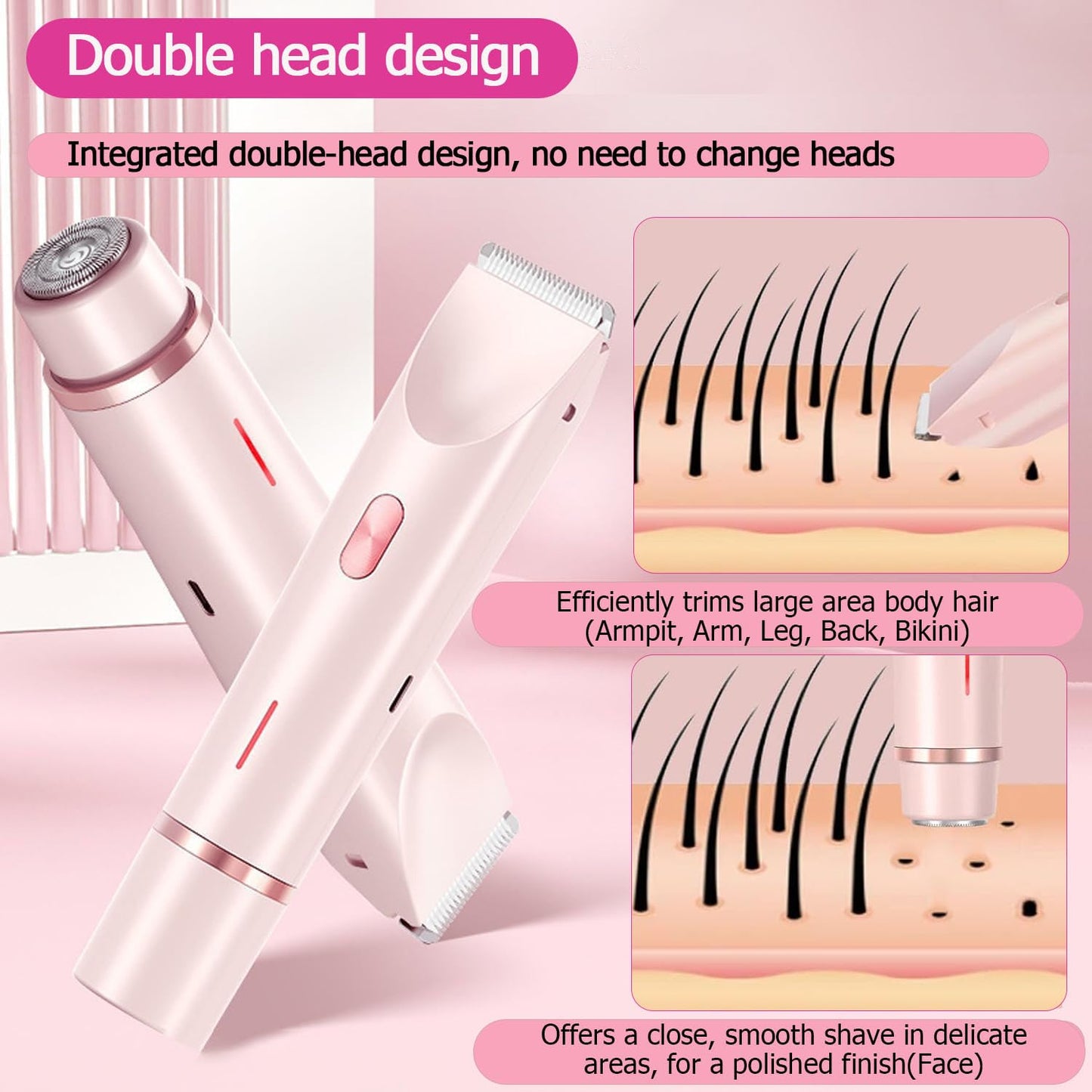 Bikini Trimmer for Women, Waterproof Bikini Shaver with Dual Head Design, Cordless Rechargeable Shaver for Women Private Area, Gentle Wet & Dry Hair Removal for Bikini Line & Underarms