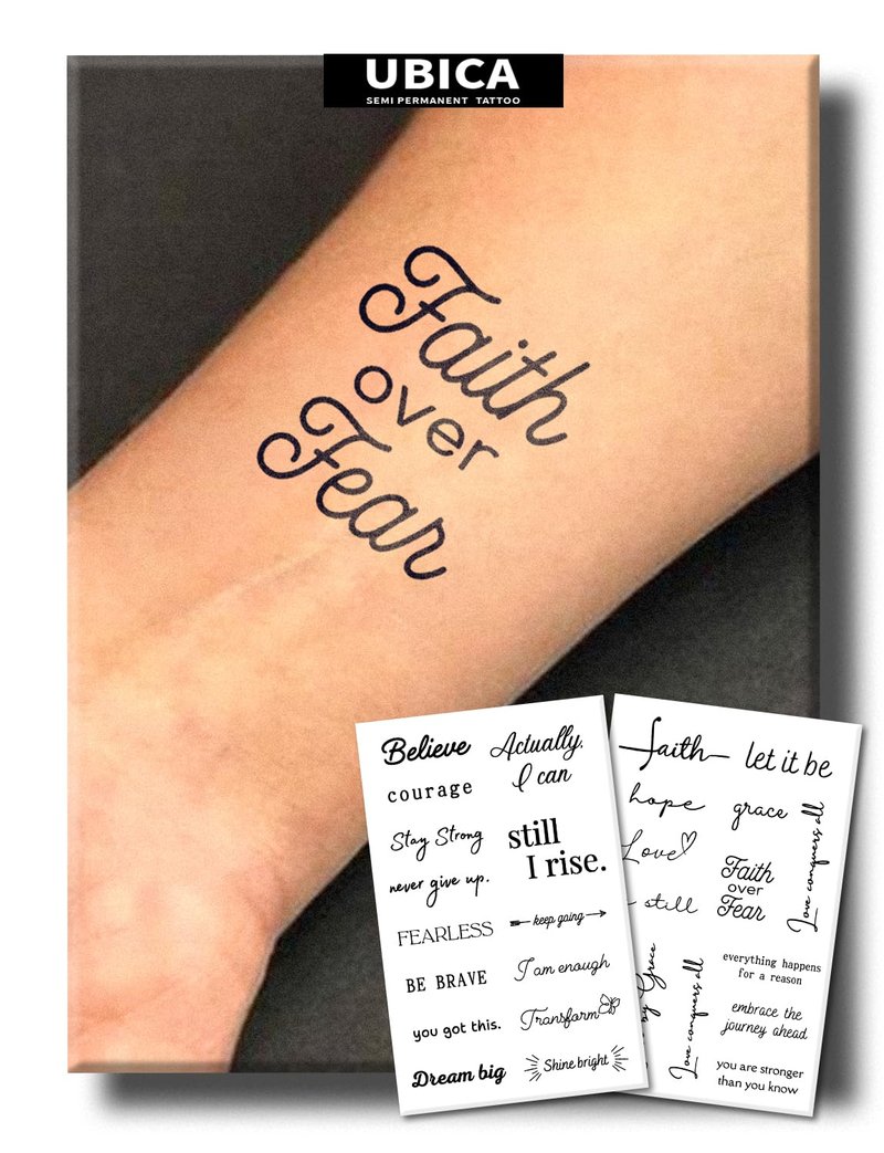 UBICA Semi Permanent Tattoo, 2 Sheets Inspirational and Motivational Words Temporary Tattoo, Realistic Small Fake Tattoo Stickers for Women Men, Lasts 7-15 Days for Hand, Waterproof & Non-Reflective