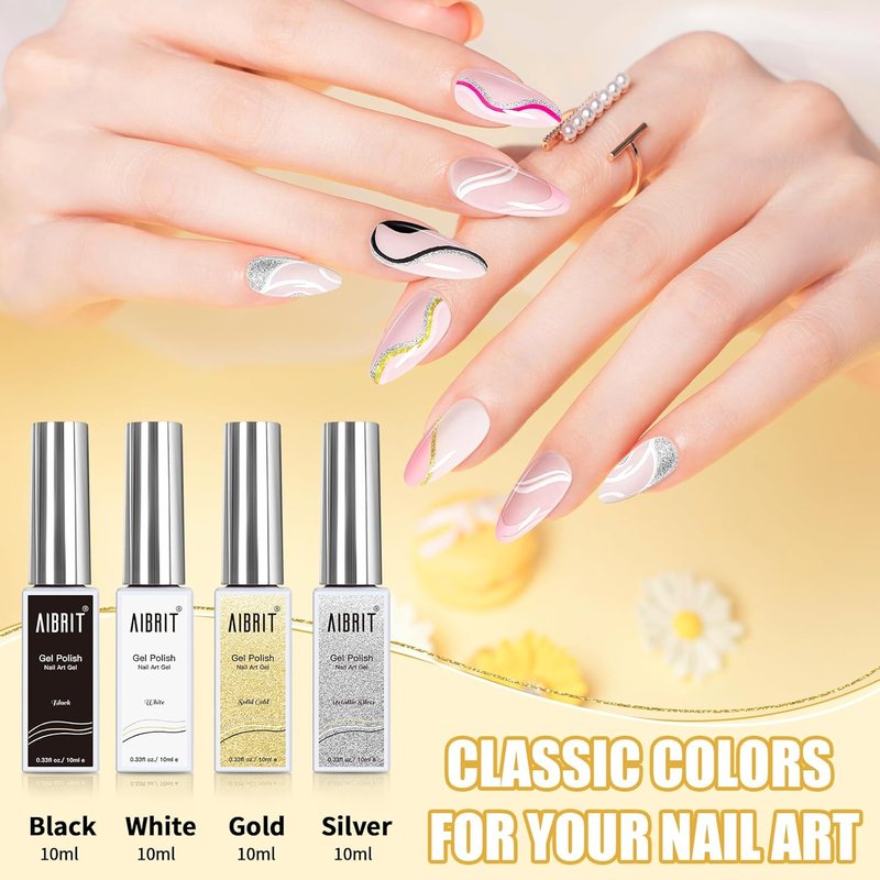 Gel Liner Art Polish Set - 4 Colors Black, White, Gold, Silver | 10ml Bottles for DIY Nail Art & French Tips