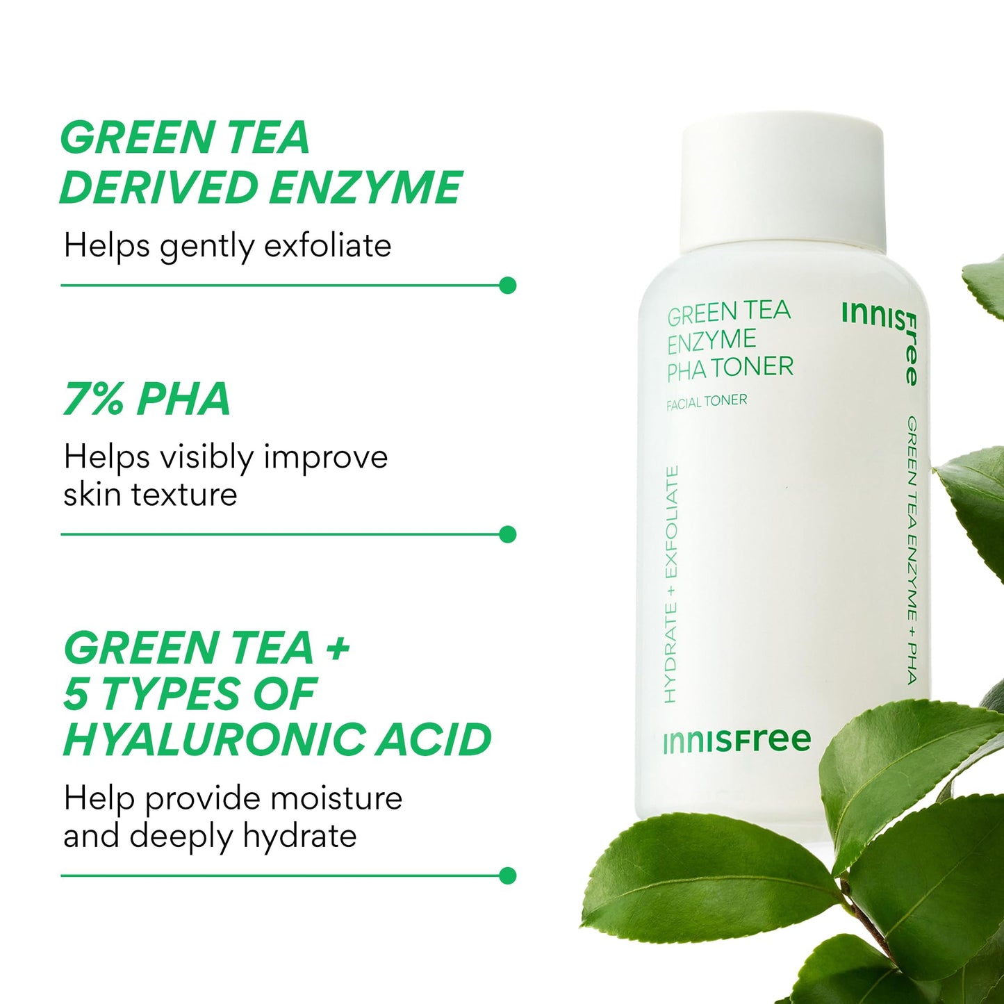 innisfree Green Tea Enzyme PHA Toner with Hyaluronic Acid, Hydrating Korean Exfoliating Essence for Smooth, Glowing Skin
