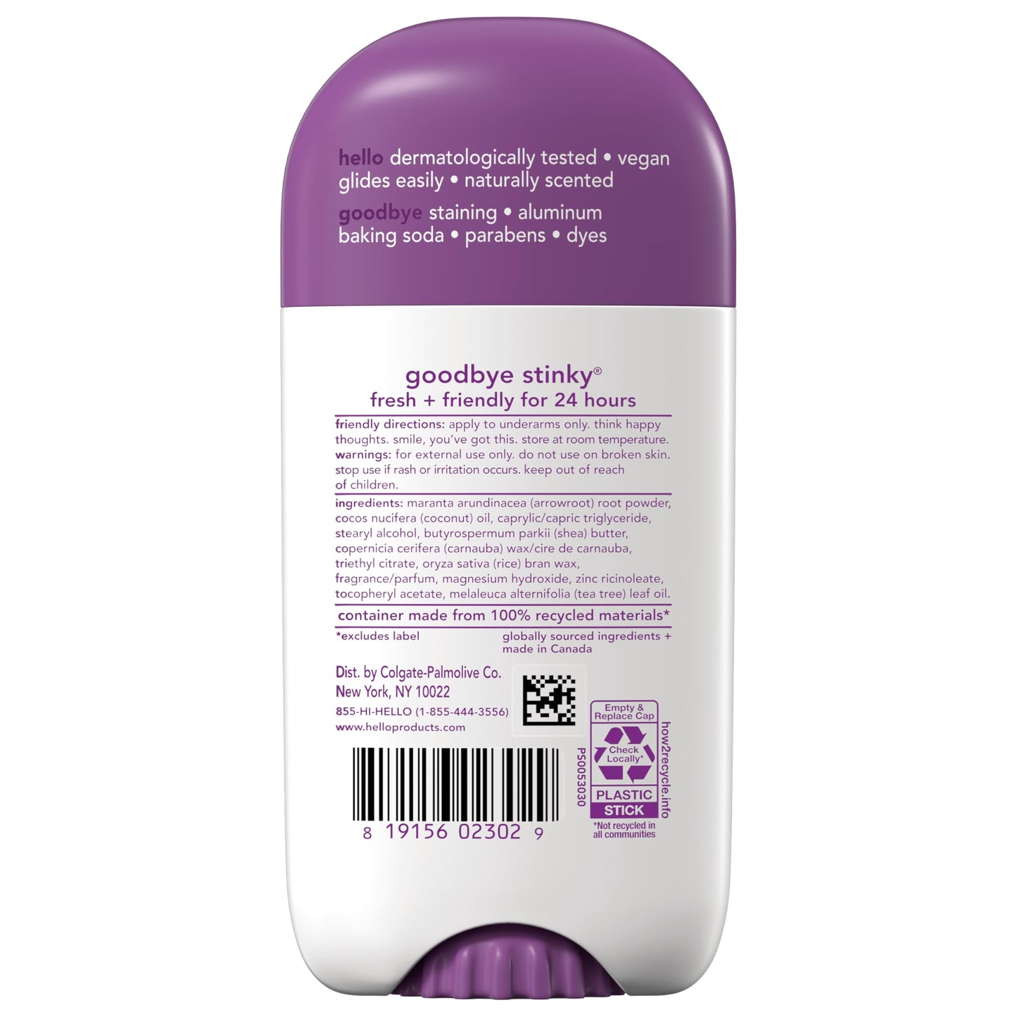 hello Lavender Vanilla Aluminum Free Deodorant for Women and Men with Shea Butter, 24-Hour Freshness, Baking Soda Free Deodorant, Dermatologically Tested, 2.6 oz Stick