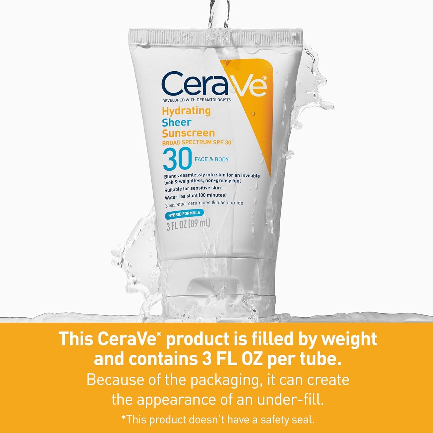 CeraVe Hydrating Sheer Sunscreen SPF 30 - Mineral & Chemical Formula with Zinc Oxide | 3 Ounces, Paraben-Free