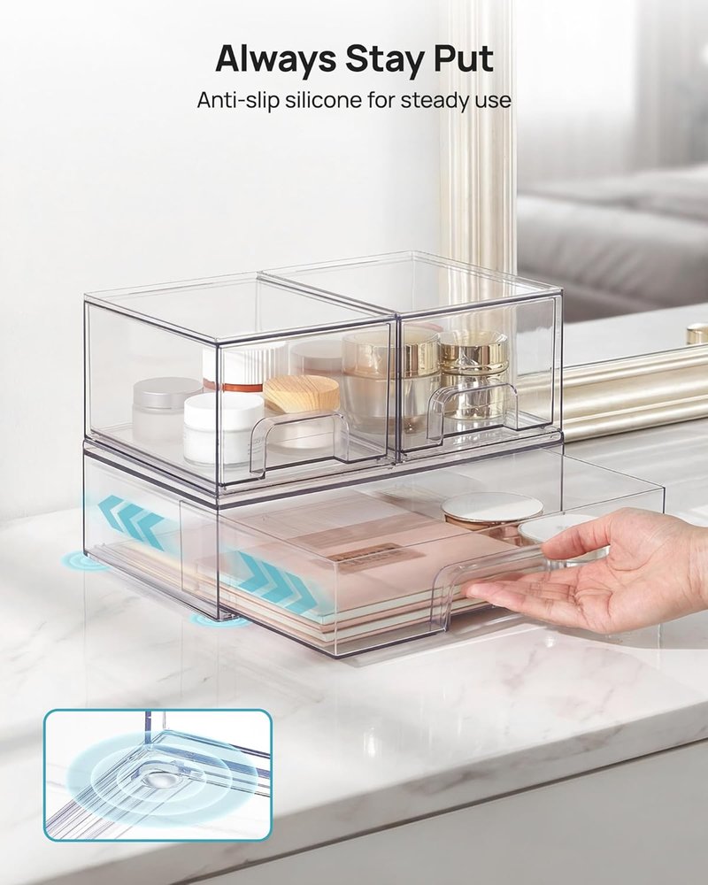 Stackable Storage Drawers - Clear Plastic Organizer Bins for Bathroom, Pantry & Laundry Room | Set of 4