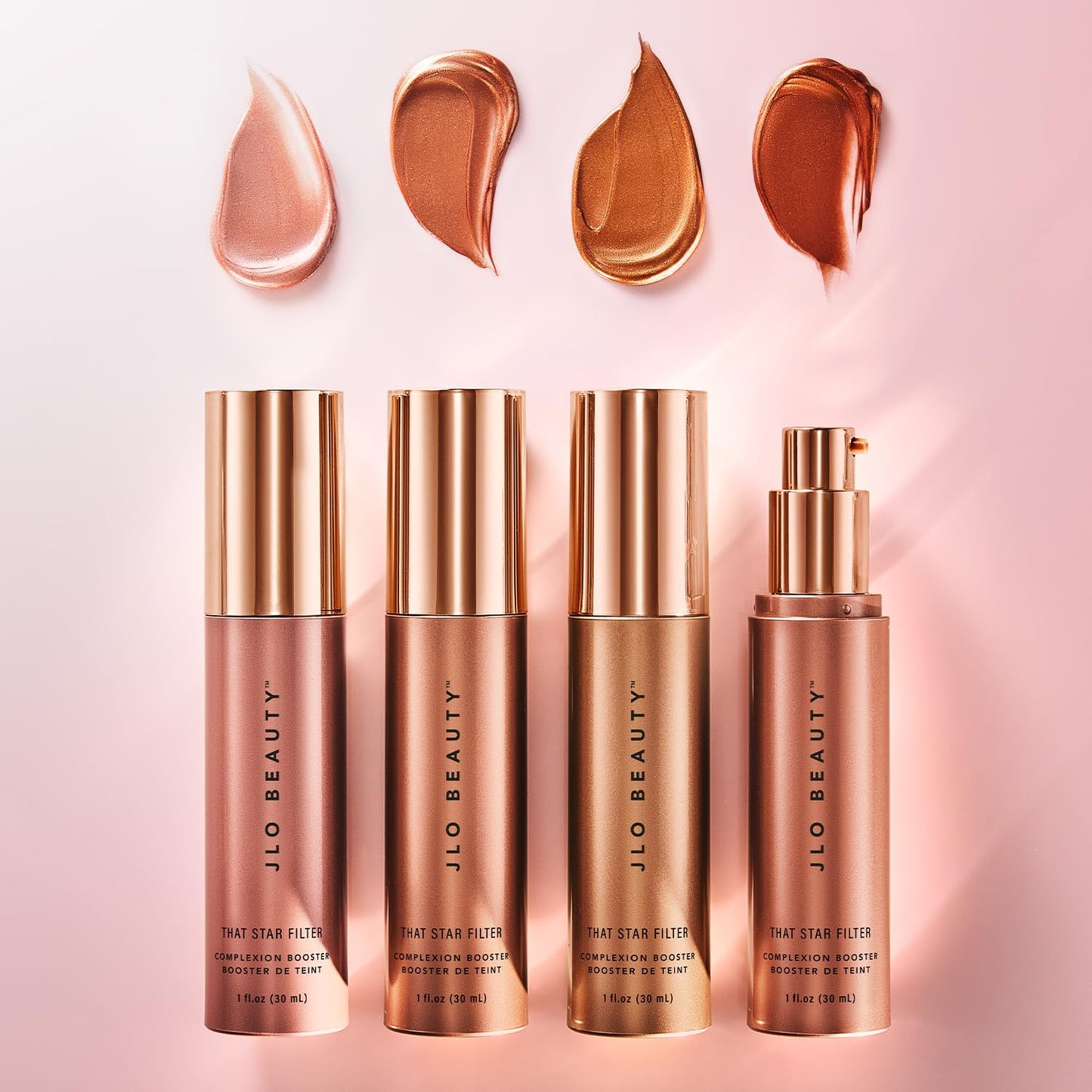 JLO BEAUTY Makeup Highlighter & Bronzer for Face & Body, Liquid Complexion Booster, Illuminating Primer Glow Drops with Vitamin E, Sheer Dewy Skin Tint, That Star Filter, Pink Champagne, 1 Fl Oz