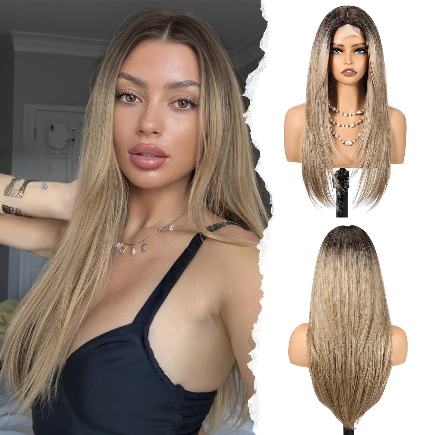 HAIRCUBE Long Straight Wig for Women, Heat Resistant Synthetic Hair with Bangs, Natural Looking Pre-Cut Lace Front Wig, Soft & Lightweight for Daily Use, Cosplay, Parties (Blonde)