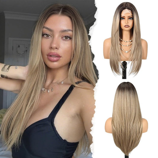 HAIRCUBE Long Straight Wig for Women, Heat Resistant Synthetic Hair with Bangs, Natural Looking Pre-Cut Lace Front Wig, Soft & Lightweight for Daily Use, Cosplay, Parties (Blonde)
