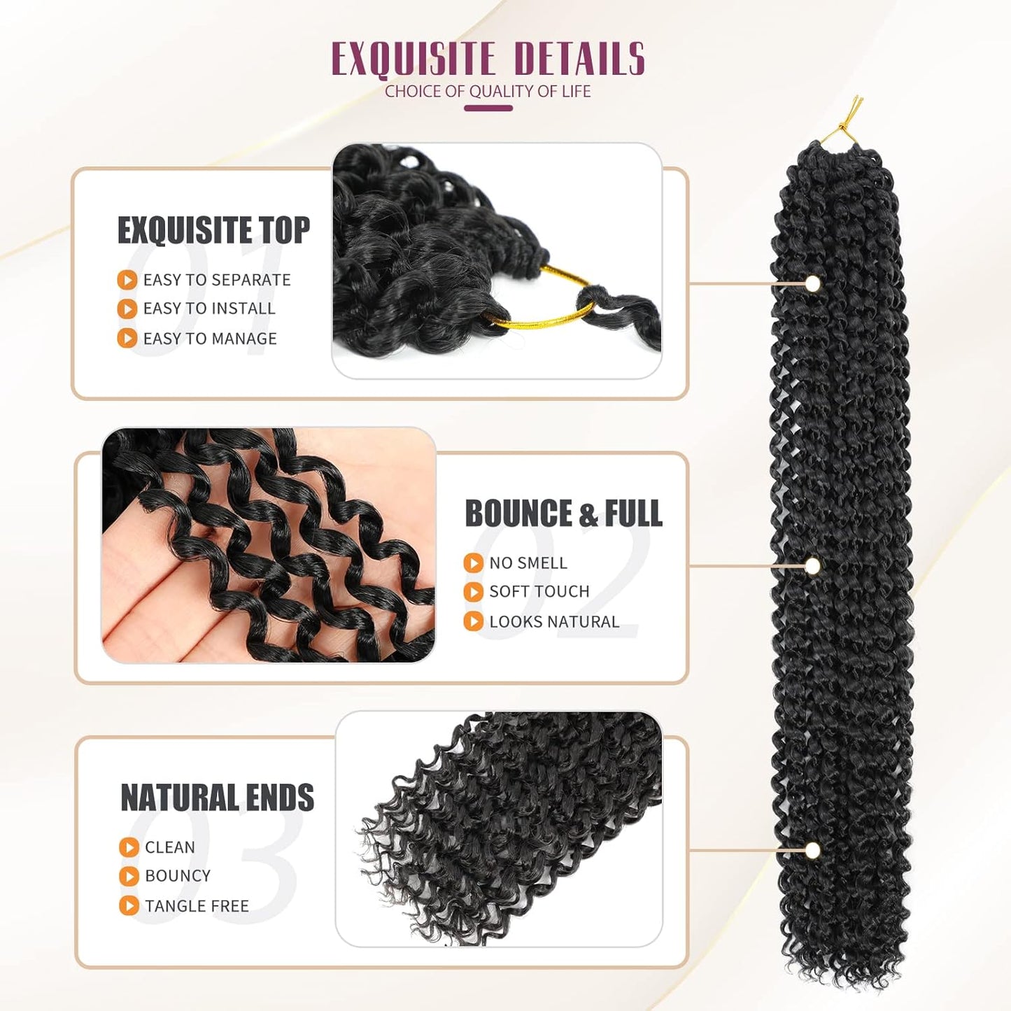 Passion Twist Hair - Water Wave Braiding Extensions for Butterfly Style Crochet Braids | 24 Inch, #1B (7 Packs)