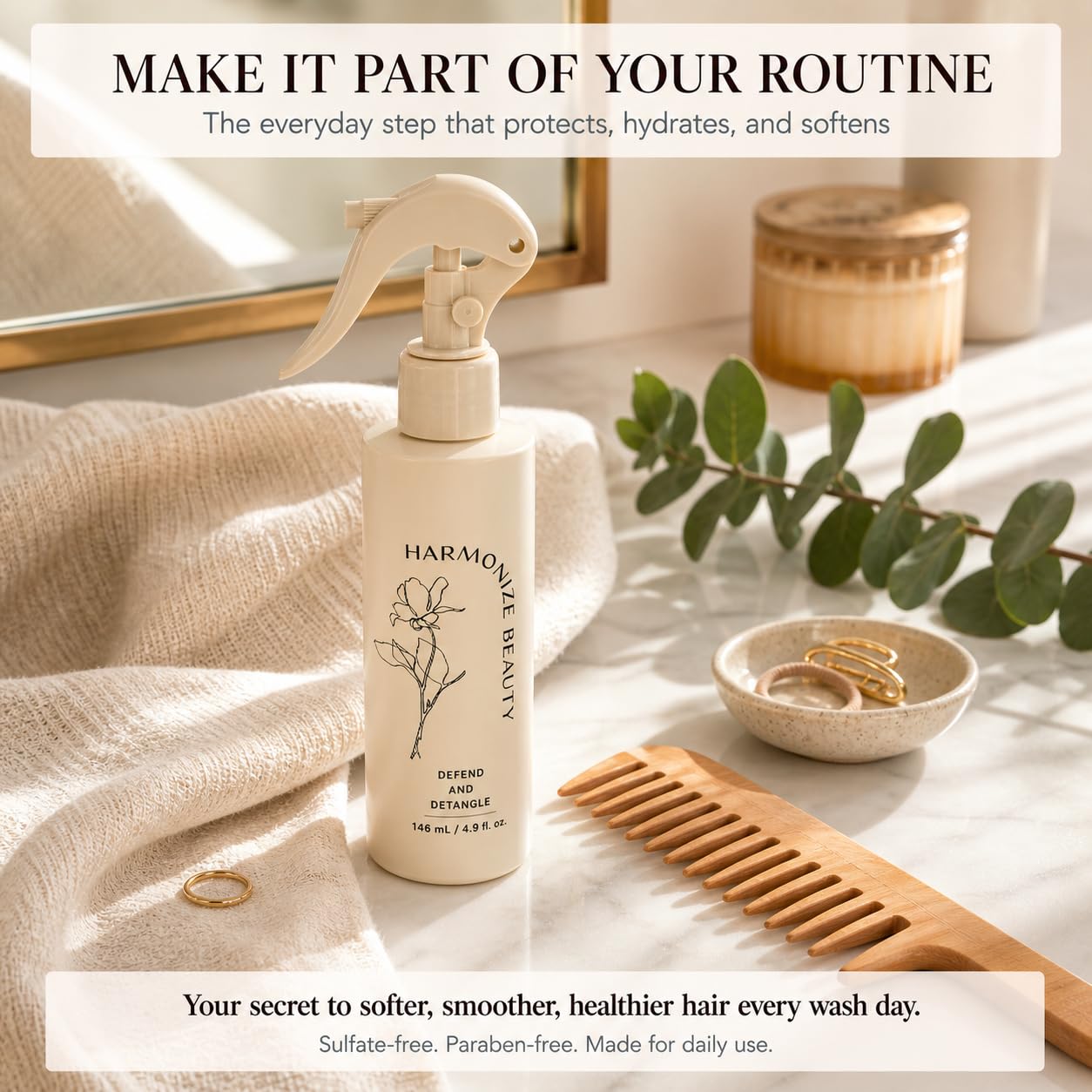 Harmonize Beauty Leave-In Conditioner | 3-in-1 Detangler & Heat Protectant Spray - Sulfate-Free, Lightweight for All Hair Types - 4.9 fl oz