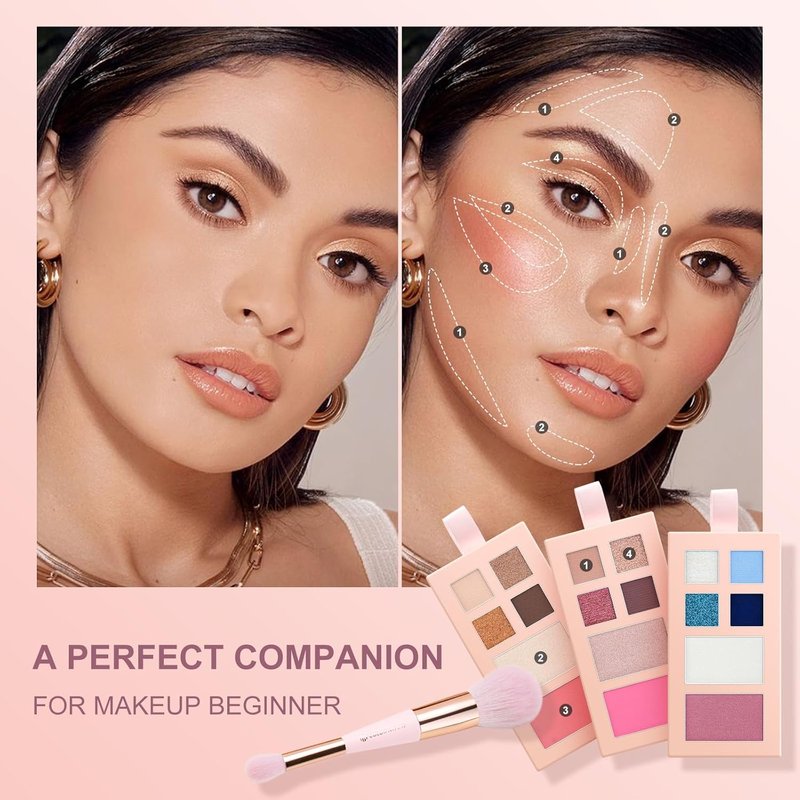 Small Makeup Palette Set - 12 Colors Eyeshadow, Blush, Highlighter & Lip Gloss | Travel-Friendly Gift Set for Women & Girls - Pink
