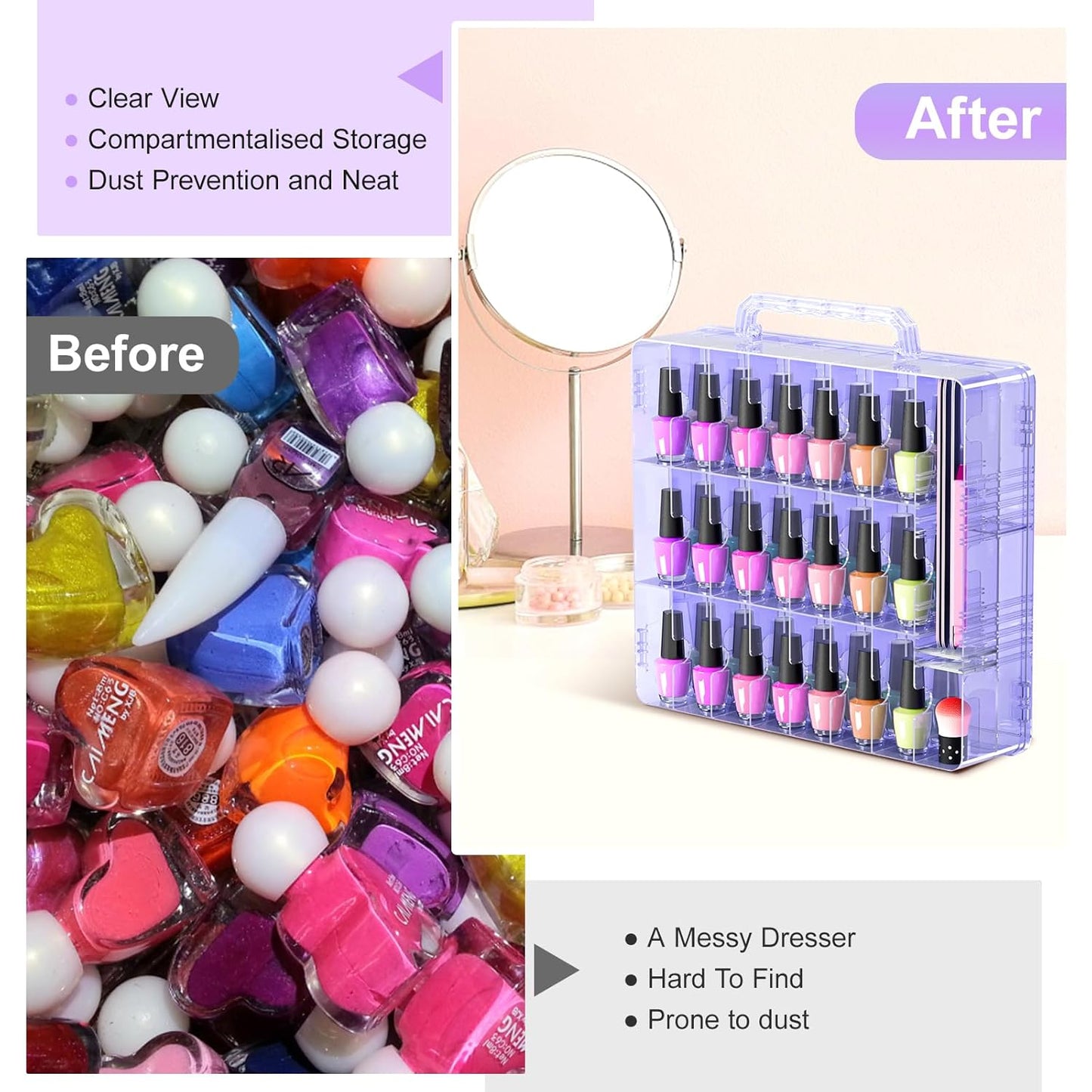 Nail Polish Organizer Case for 48 Bottles - Adjustable Divider, Double-Sided Storage | Purple