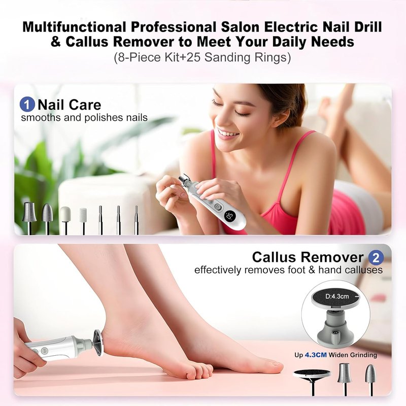 Professional Cordless Electric Nail Drill - 2-in-1 File & Callus Remover | 15 Speed, LED Display for Home Salon & Foot Care