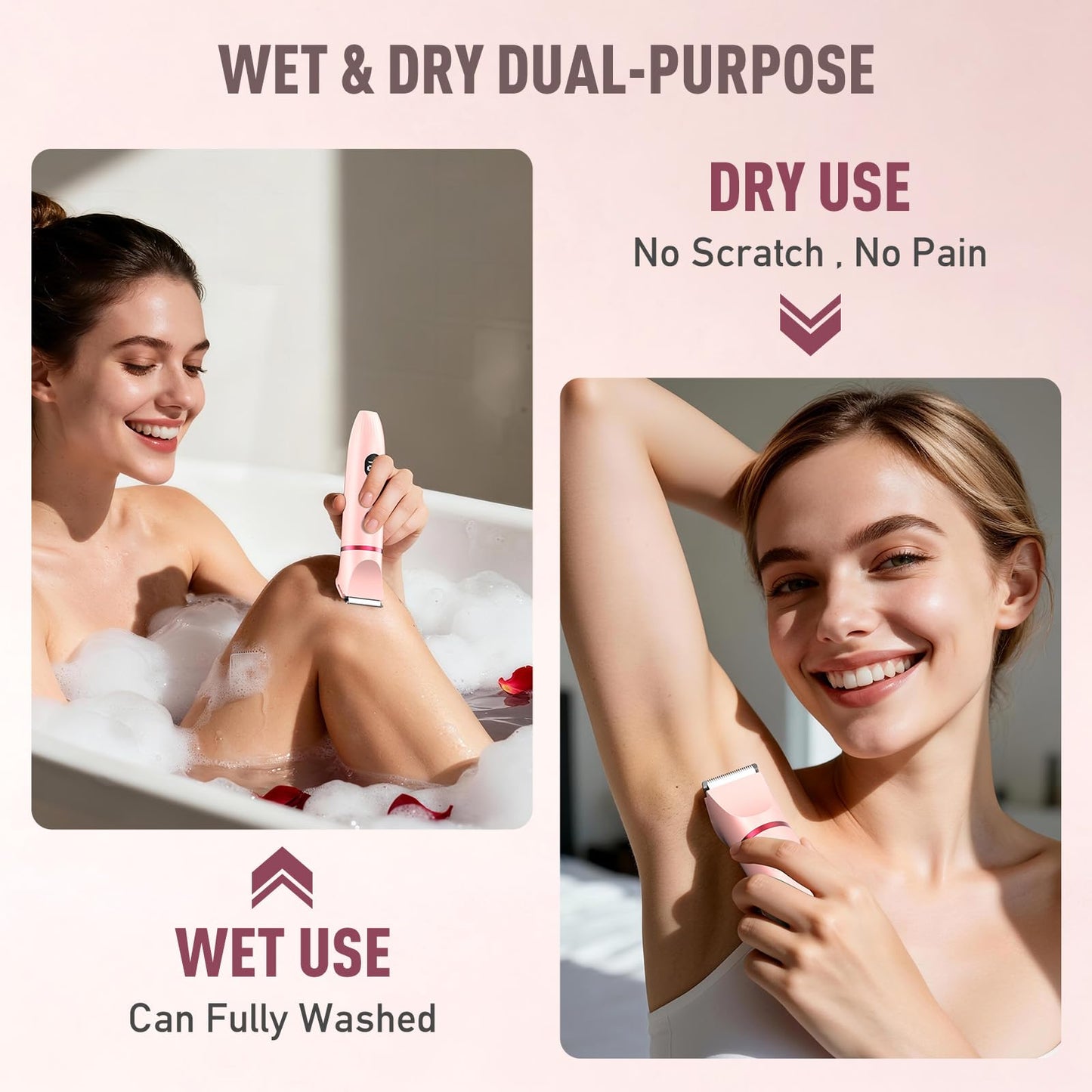 Crolanli Bikini Trimmer for Women, 3-in-1 Electric Razor, IPX7 Waterproof Ceramic Blades, Wet & Dry Use, LED Display, Painless Shaver for Bikini, Face, Underarms, Legs, Home Travel (Pink)