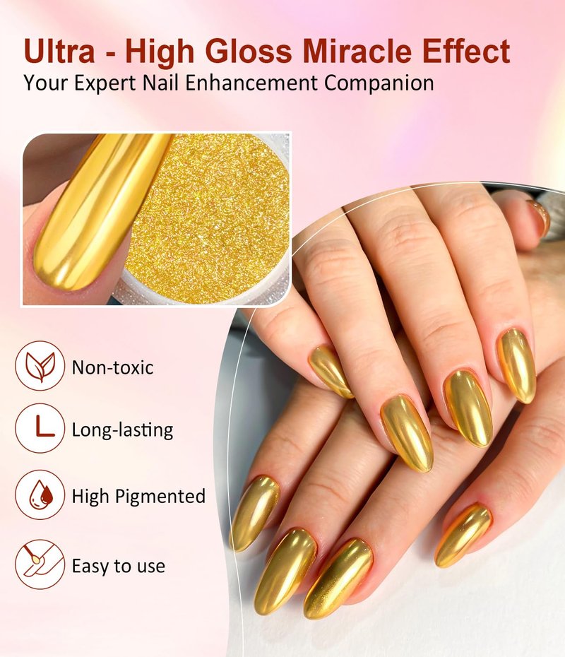 BISHENGYF Chrome Nail Powder Kit 6 PCS - Gold Chrome Nail Powder with Pearl Chrome & Effect,Metallic Mirror Holographic Nail Powder for Gel Nails DIY Home Salon Manicure White Silver Pink Blue