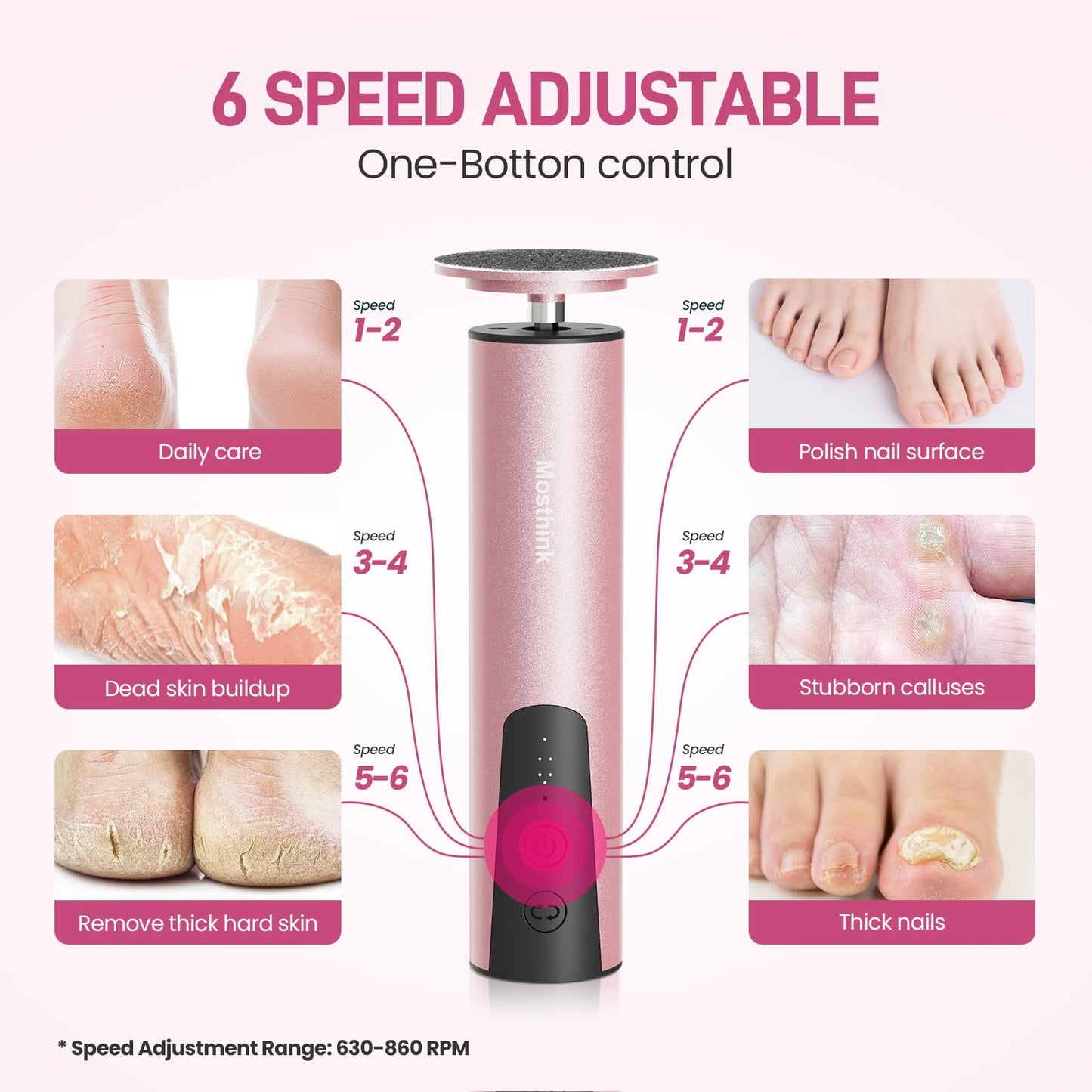 Electric Foot Callus Remover, 2 in 1 | 6 Speed Adjustable Foot File Nail Grinder with Sandpaper Disks, Professional Pedicure Tool for Feet Dead Skin, Self Care Gifts for Women Mom Lover Friends (Pink)