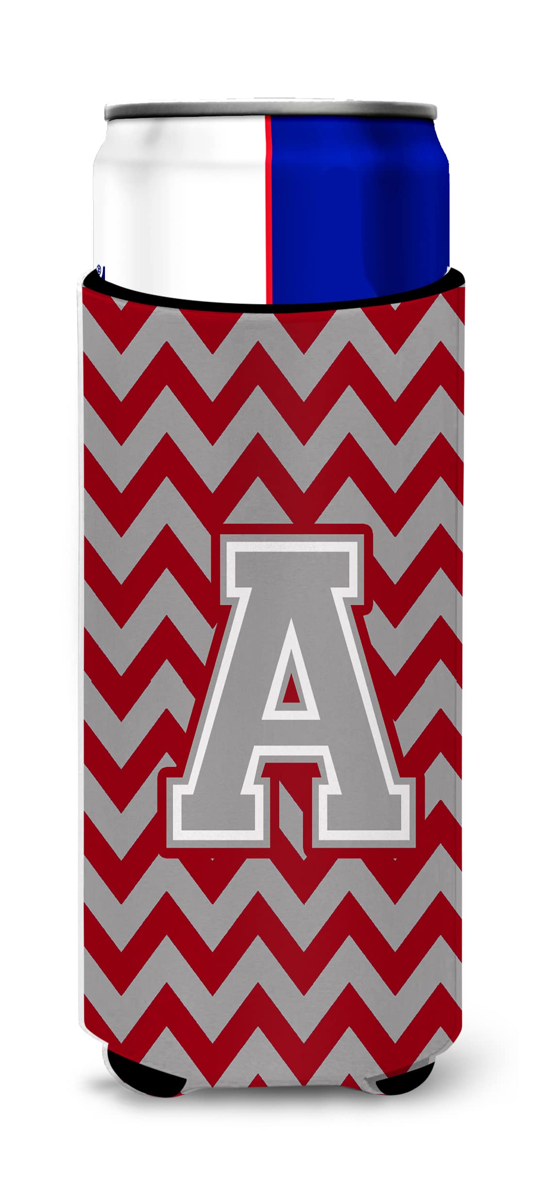 Letter A Chevron Crimson and Grey Ultra Beverage Insulators for slim cans