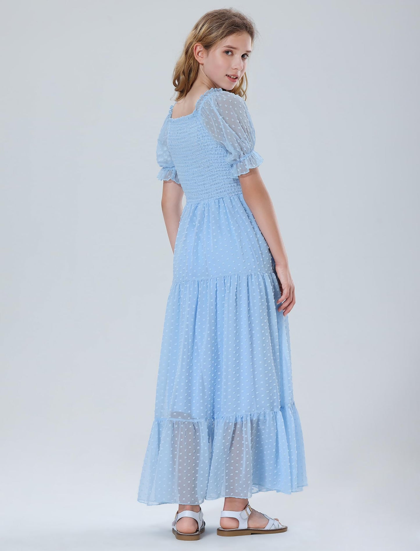 Mebius Girls Maxi Long Dress Flowy Dresses A-line Square Neck Short Sleeve Swiss Dot Smocked Casual 10-12 Light Blue 7Y