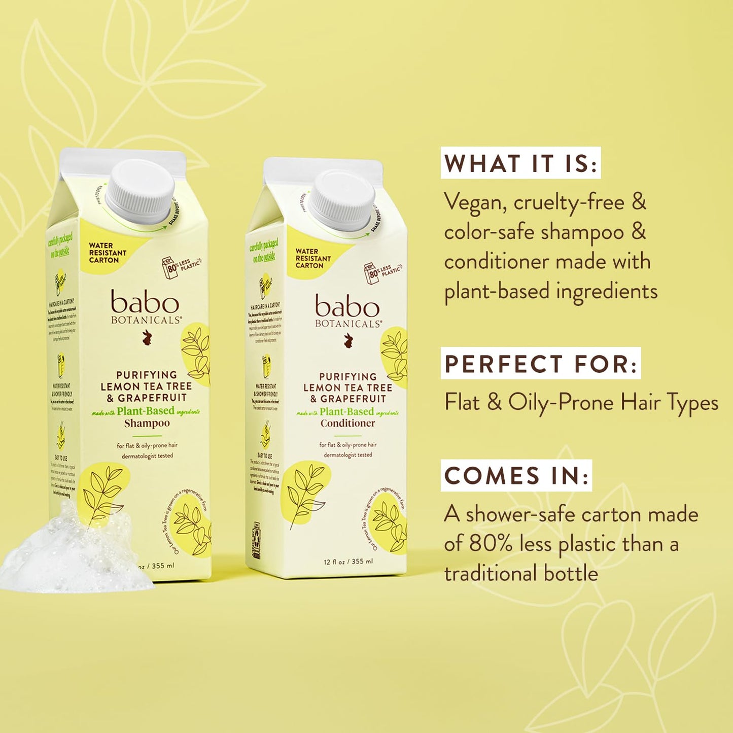 Babo Botanicals Purifying Lemon Tea Tree & Grapefruit Shampoo & Conditioner – For Flat, Oily Prone Hair - Passion Fruit Ferment for scalp - Water-Resistant Carton w. 80% Less Plastic – Vegan