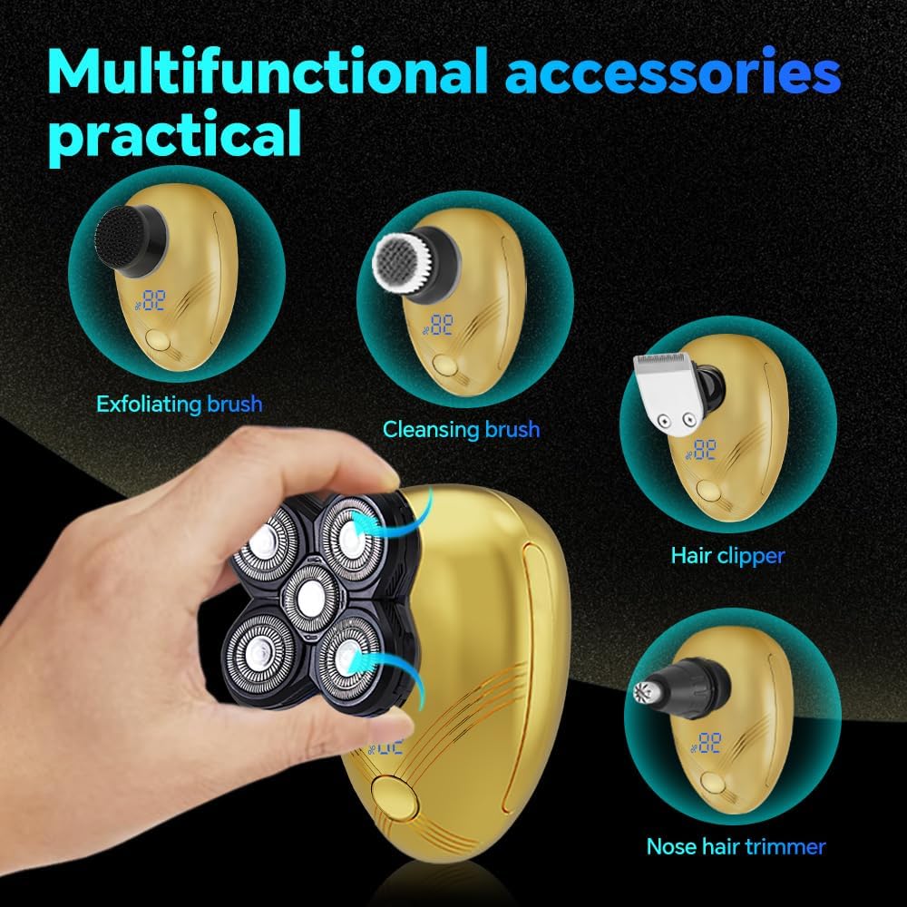 5-in-1 Electric Cordless Razor for Men | Bald Head Shaver Grooming Kit with Nose Trimmer & LED Display - Gold