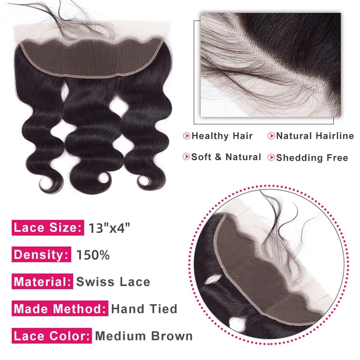 13x4 Body Wave HD Lace Frontal Human Hair 16 Inch Body Wave Ear to Ear Transparent Lace Frontal Only 100% Unprocessed Brazilian Virgin Human Hair Closure Pre Plucked with Baby Hair