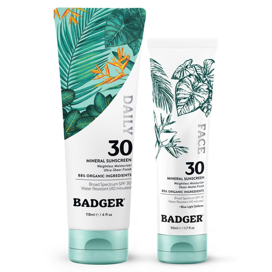 Badger Mineral Daily and Face Sunscreen Combo, SPF 30 Lightweight Organic Mineral Sunscreens with Zinc Oxide, Hydrating Everyday Sunscreen Lotions for Face & Body, Vegan & Unscented, 2-Pack