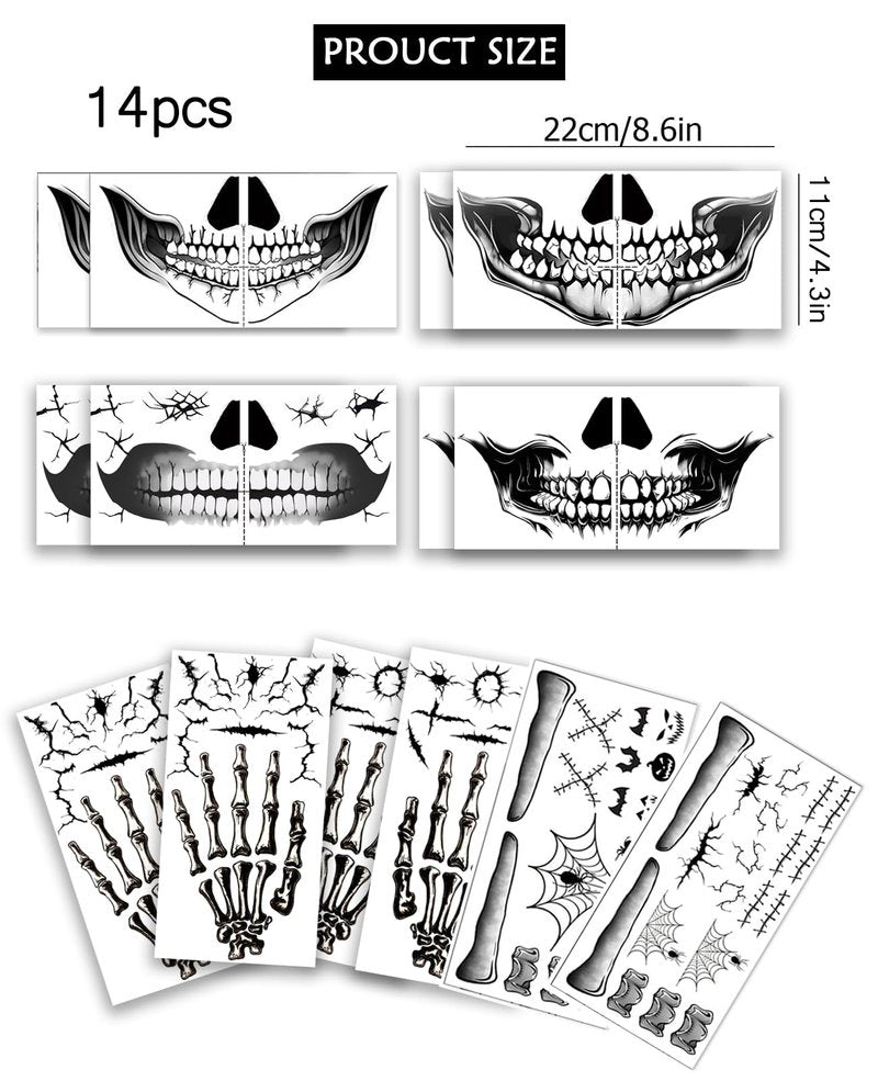 ENYACOS Skeleton Face Tattoo - Halloween Temporary Skull Tattoos, Mouth Stickers for Face, Costumes and Accessories for Men and Women (A)