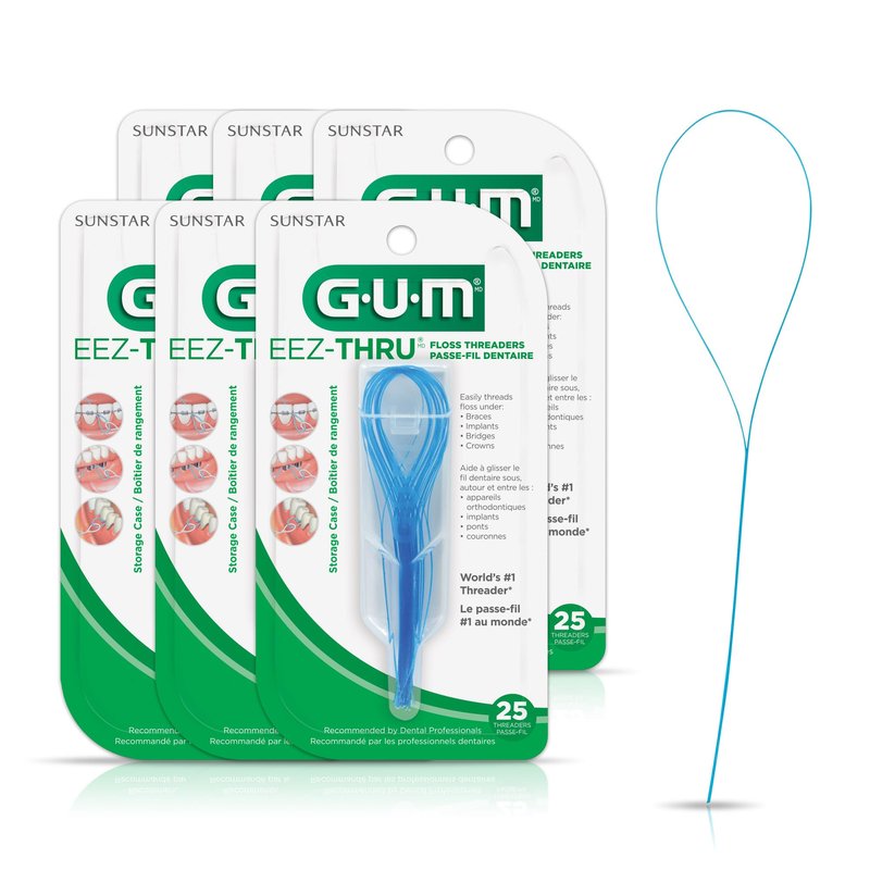 GUM EEZ-Thru Floss Threaders for Braces, Bridges & Implants, Easy Dental Floss Threading, 25 Count (Pack of 6)