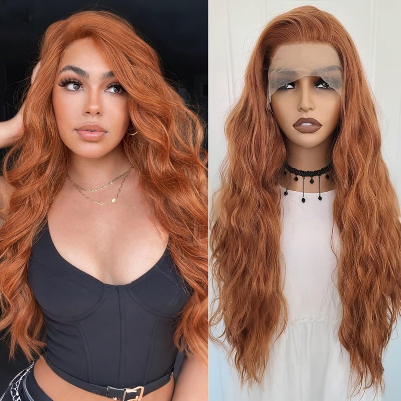 RONGUDOYI Ginger Curly Wig Long Wavy Synthetic Lace Front Wig Glueless Orange Curly Natural Hair Water Wave Lace Front Wigs Burnt Orange Wigs for Women