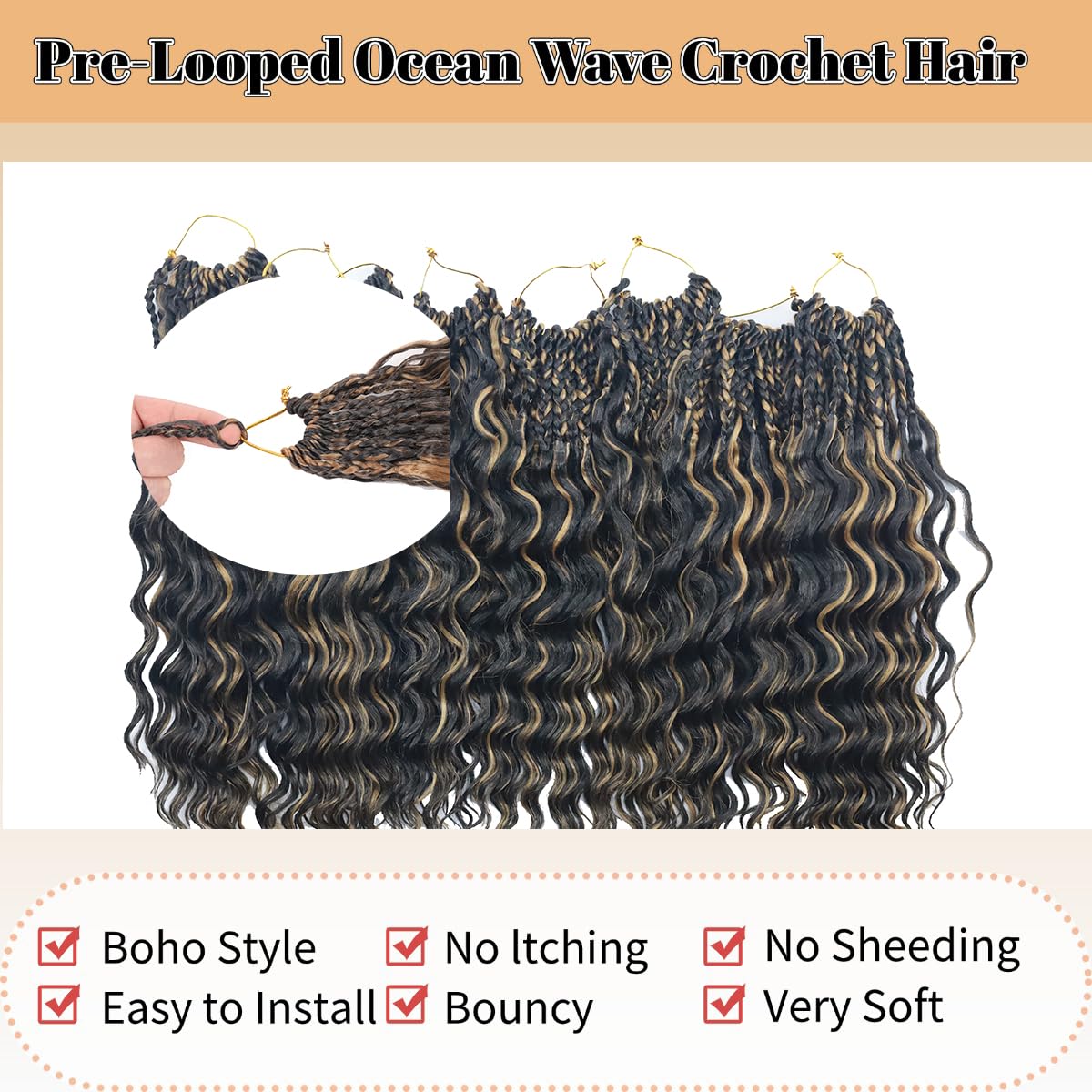 pojui 18 Inch Ocean Wave Crochet Hair 8 Packs - Synthetic Pre-Looped Deep Wavy Curly Braiding Hair for Black Women, Boho Style Hair Extensions (18inch,P1B/27-8 Packs)