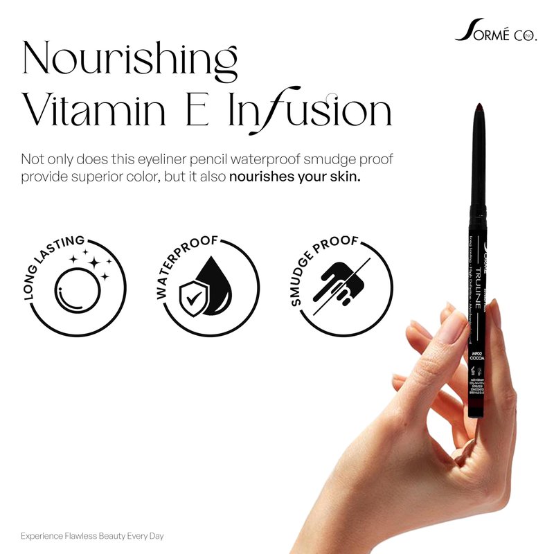 SORMÉ Truline Professional Mechanical Smudge Proof Eyeliner Pencil - Vitamin E Waterproof Gel Formula with Finest Color Pigment & Ultra Creamy - Nourishes Skin for All Day Long - 0.1 Ounce - Cocoa