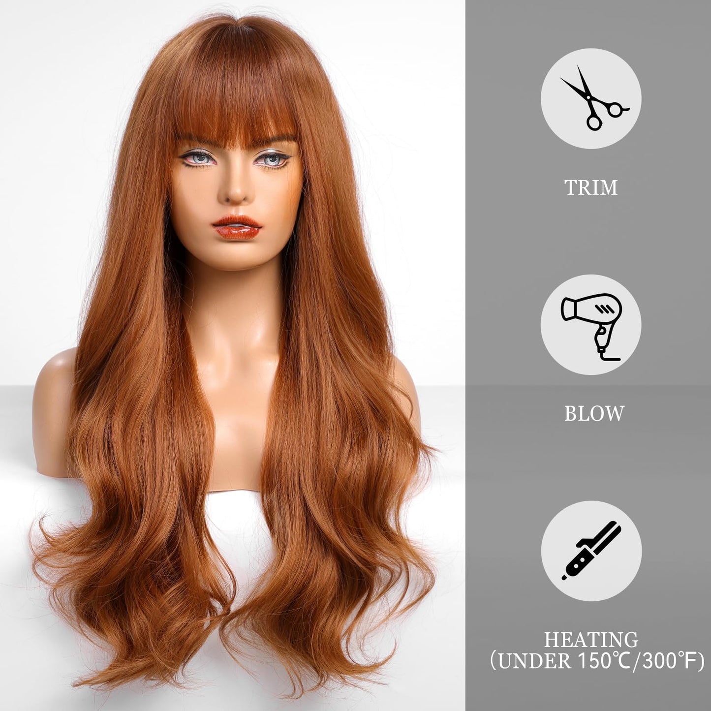 HAIRCUBE Auburn Wig with Bangs for Women Auburn Long Wavy Hair Wig Curly Wavy Synthetic Wigs for Girls Daily Party Use 26Inch