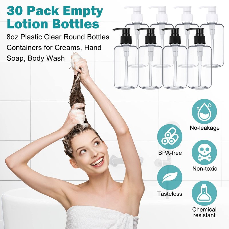 Eccliy 30 Pack 8 oz Clear Empty Lotion Bottles Plastic Pump Bottles Hand Dish Dispenser Round Containers Refillable Container Black White Pumping for Shampoo Conditioner Body Wash Cream Liquid Soap