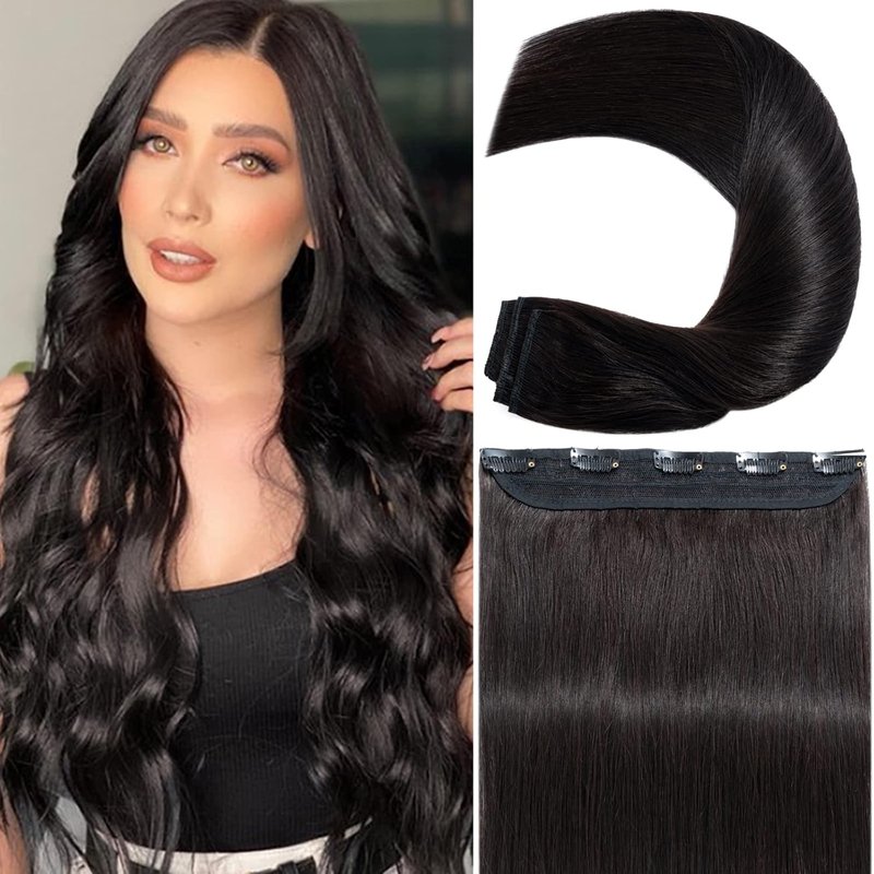 Real Human Hair Clip-In Extensions - Thicker 3/4 Head Weft, 12" | Natural Black, 70g, 5 Clips