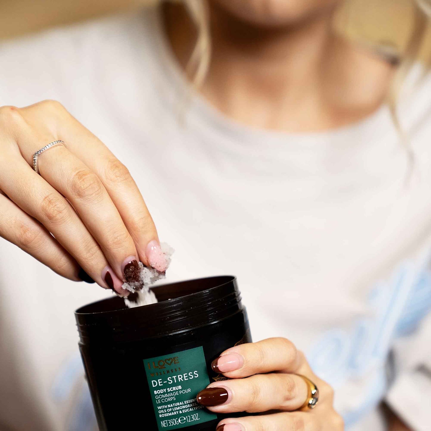 I LOVE Wellness De-Stress Body Scrub - Exfoliating Body Scrub - Sea Salt Shower Scrub - Lemongrass and Eucalyptus Scent with Coconut Oil - 12.3 oz