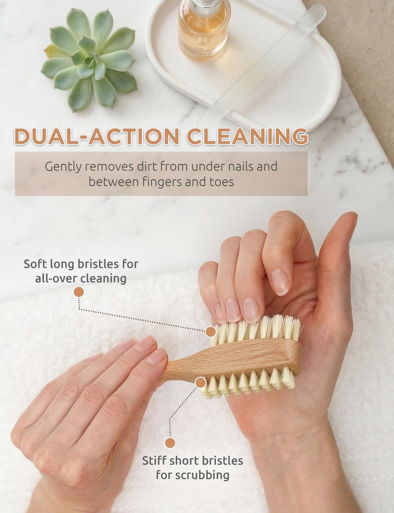 Takavu Nail Brush, Pure Boar Bristles, Natural Wood Handle, Nail Cleaning Brush for Scrubbing Fingernail Toenail Hand Feet, Dual Sided for Regular Manicure Nail Care Hygiene