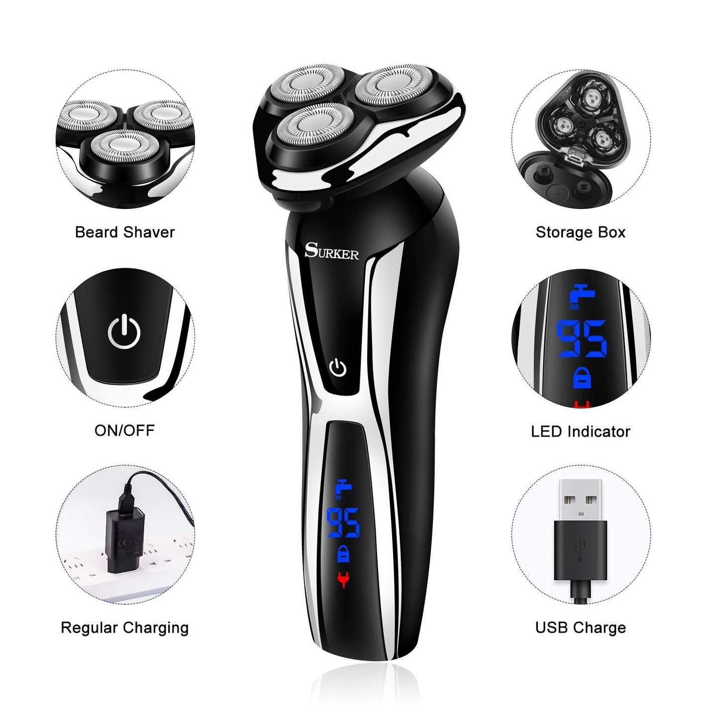 SURKER Electric Shaver - Cordless 3-in-1 Beard Trimmer & Nose Hair Groomer | Waterproof USB Rechargeable