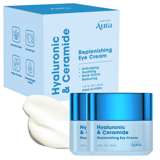 Radiant Aura Eye Cream - Anti-Aging Cream with Hyaluronic Acid & Ceramides - Hydrating Formula for Dark Circles, Puffiness & Fine Lines - Korean Skincare - 1 oz - Pack of 2