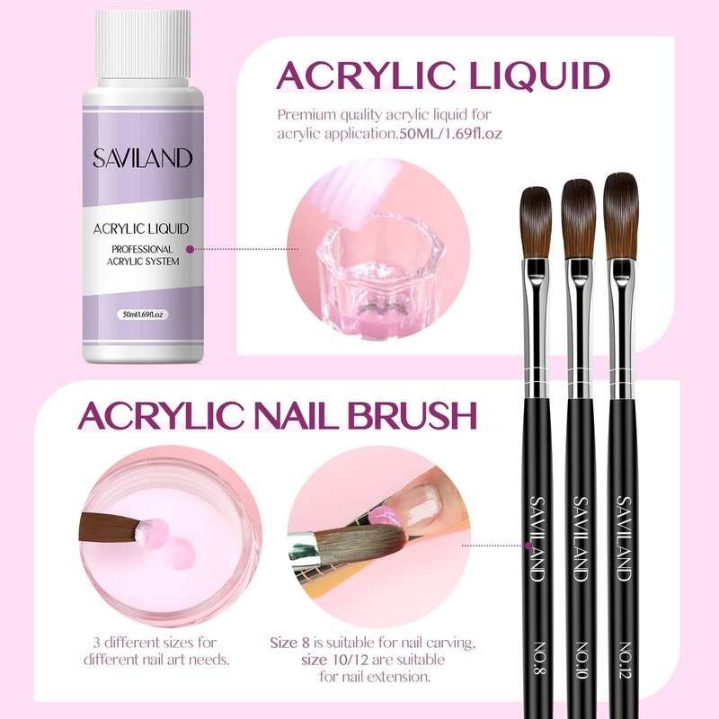 SAVILAND Acrylic Nail Kit with Drill for Beginners - 0.5oz Clear White Pink Acrylic Powder and Liquid Set Nail Brushes Professional Nails Kit Set Home DIY Extension Carving