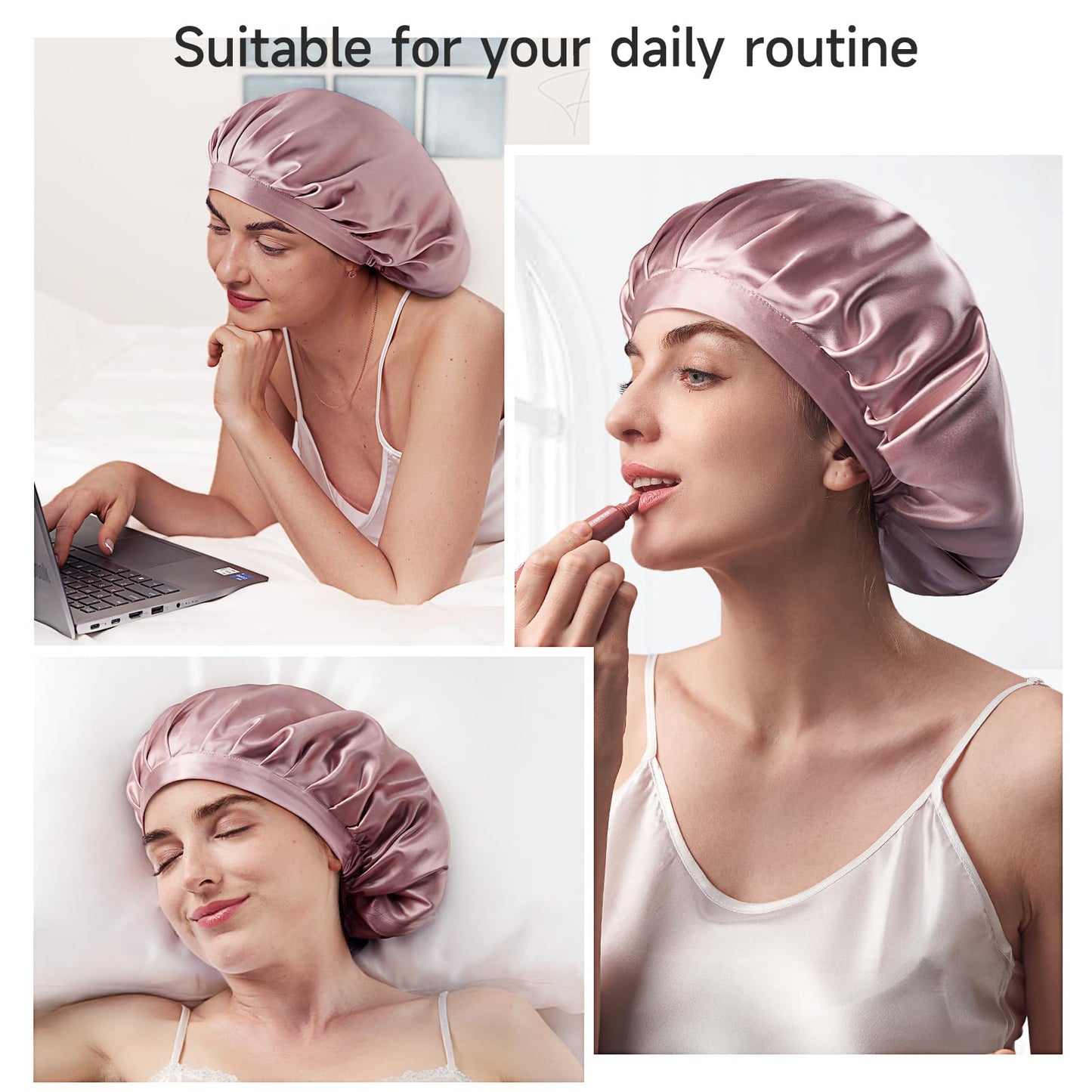 Kaome 100% Mulberry Silk Bonnet for Sleeping Women, 22 Momme Double Layer Silk Hair Wrap, Non-Slip Sleep Cap with Adjustable Elastic Band for Long Curly Hair Care, Comfortable and Breathable, Pink