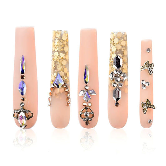 Tmani 10pc/set Extra Long Handmade Press On Nail Hot Girl's Long Ballet Square Nail Full of Diamond Glitter Decoration Fake Nails Suitable For Girls Festival Parties and Birthday Gift（171,Size-S)